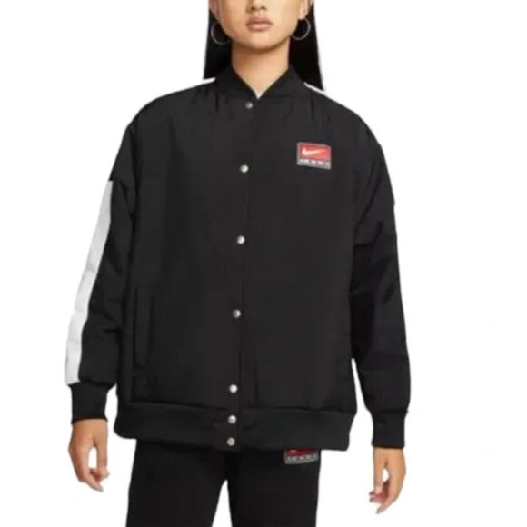 Nike Women's Sportswear Team Jacket Large Black Bomber Logo Spellout Oversized - Picture 2 of 9